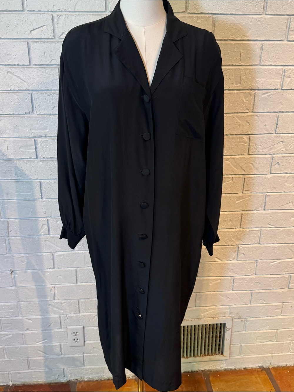 Vintage 80s Silkage NY 100% Silk Black Button-Front Shirt Dress Womens 8